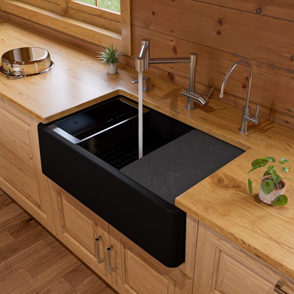 Alfi Brand Black 33 inch Granite Composite Single Bowl Drop In Farm Sink with Accessories AB33FARM-BLA - main